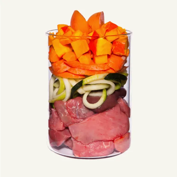 Menú conejo y pavo  con calabacín, albaricoque y ajedrea 400g