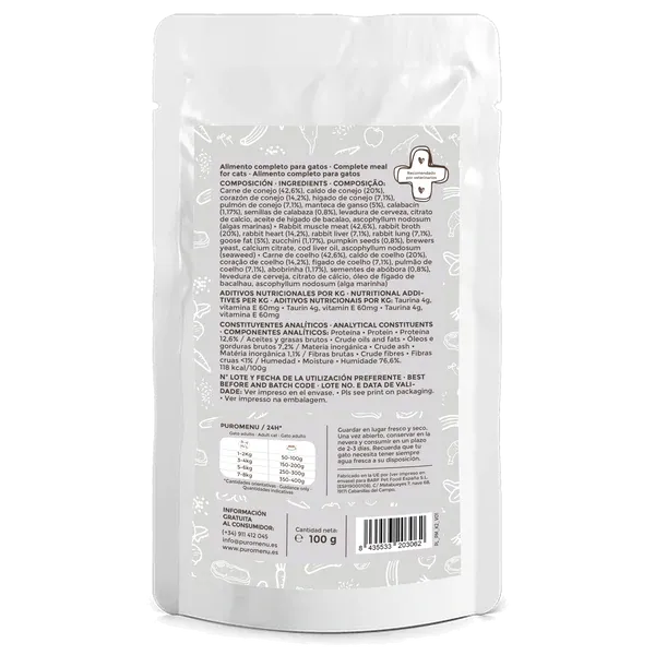 Menú gato conejo y ganso "Caza del día" 100g