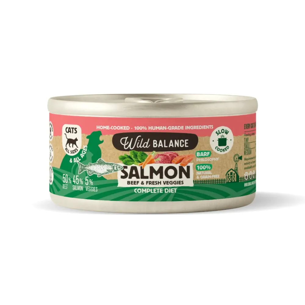 Menú gato salmón y ternera con verduras frescas cocinado al vapor 120g