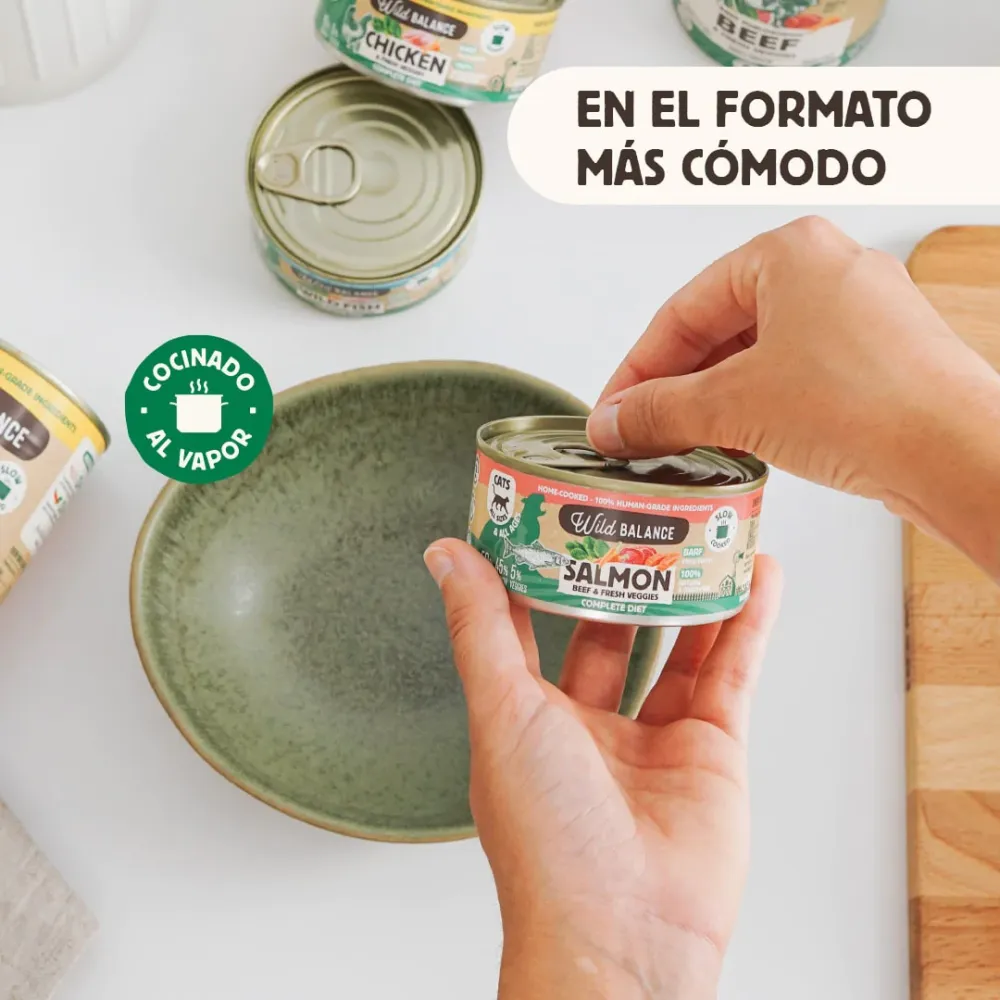 Menú gato salmón y ternera con verduras frescas cocinado al vapor 120g