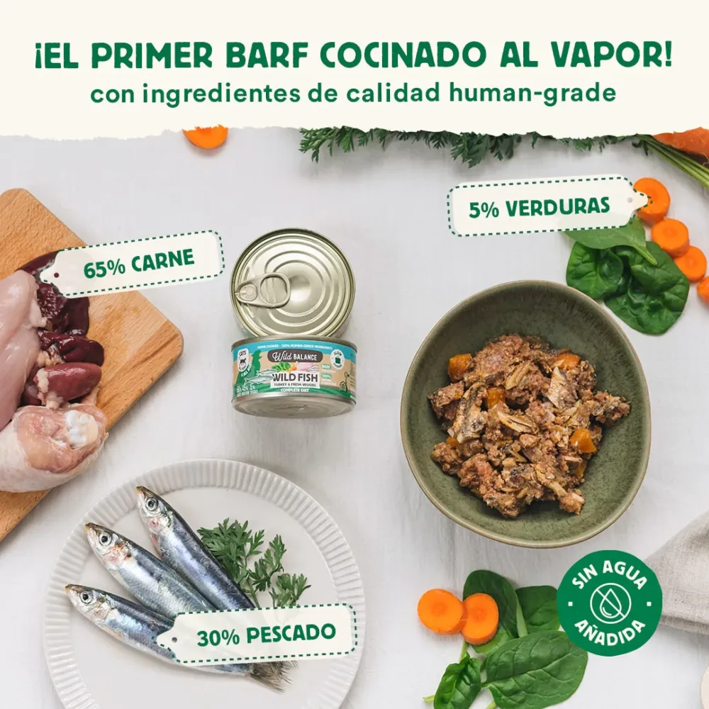 Menú gato pavo y pescado con verduras frescas cocinado al vapor 120g