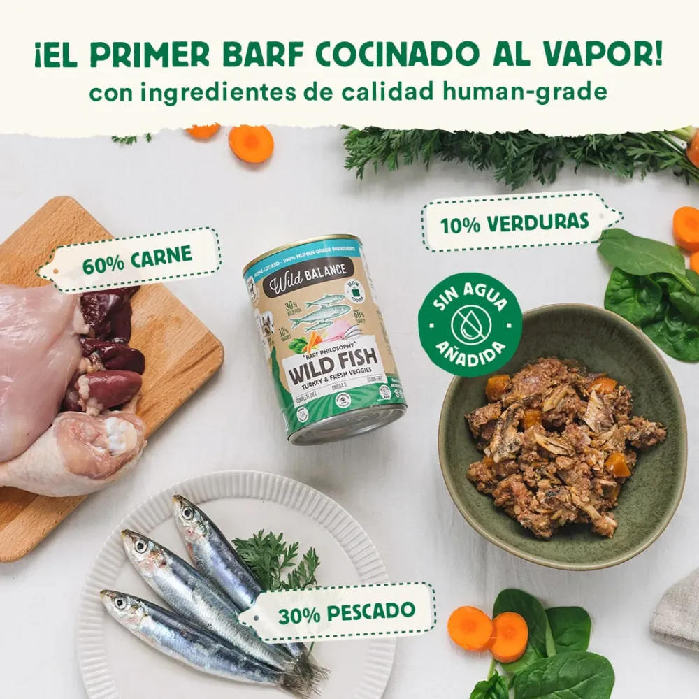 Menú de pavo y pescado con verduras frescas cocinado al vapor 400g