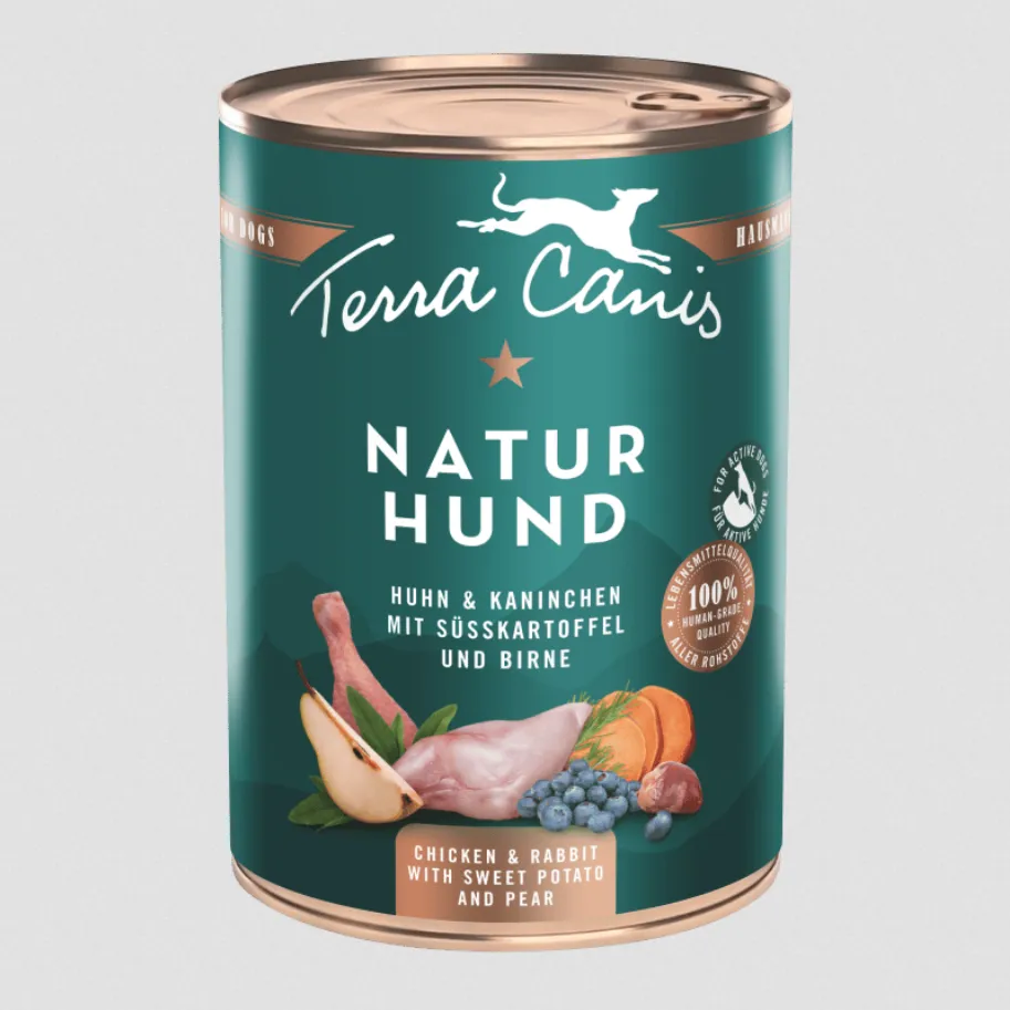 Menú pollo y conejo con boniato, pera y arándanos 400g